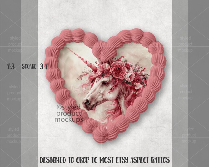 May include: A pink heart-shaped frame with a textured border surrounds a watercolor illustration of a unicorn. The unicorn has a pink mane, a horn, and is adorned with roses. The text "DESIGNED TO CROP TO MOST ETSY ASPECT RATIOS" is at the bottom.