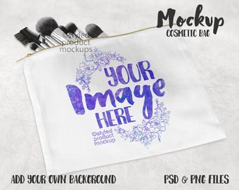 Dye sublimation polyester canvas zippered cosmetic bag mockup template | Add your own image and background