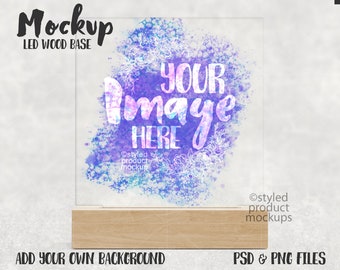 LED acrylic image panel with rectangle wood base Mockup | Add your own image and background