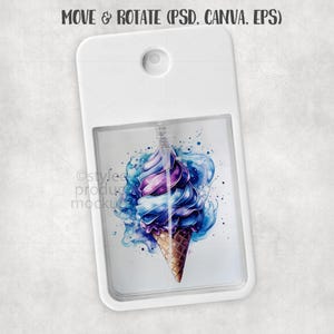 May include: White rectangular pocket-sized hand sanitizer spray bottle with a watercolor image of a purple, blue, and white ice cream cone. The text "MOVE & ROTATE (PSD. CANVA. EPS)" is at the top.