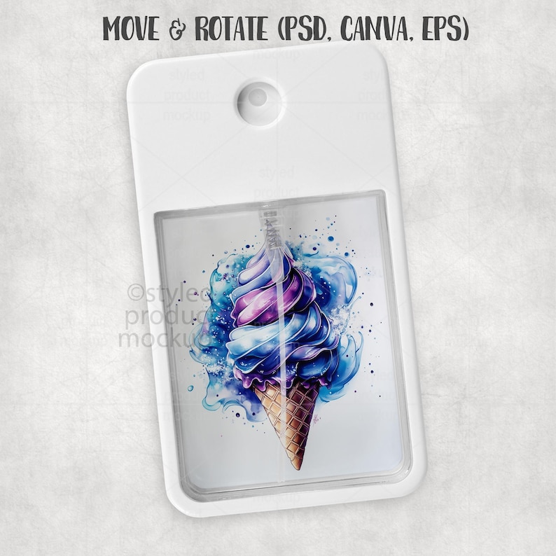 May include: White rectangular pocket-sized hand sanitizer spray bottle with a watercolor image of a purple, blue, and white ice cream cone. The text "MOVE & ROTATE (PSD. CANVA. EPS)" is at the top.