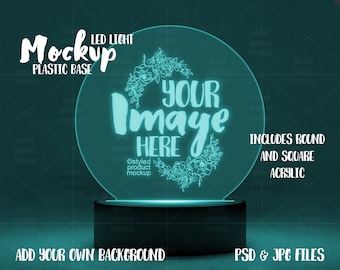 LED light up acrylic image panel with round plastic base Mockup | Add your own image and background