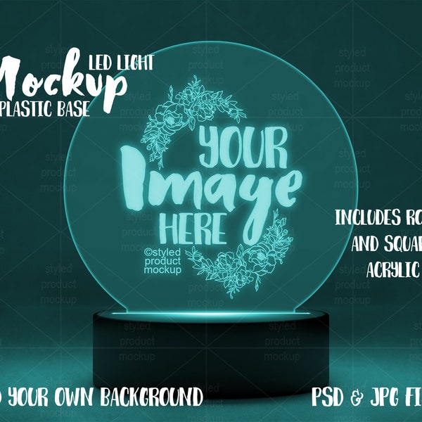 LED light up acrylic image panel with round plastic base Mockup | Add your own image and background