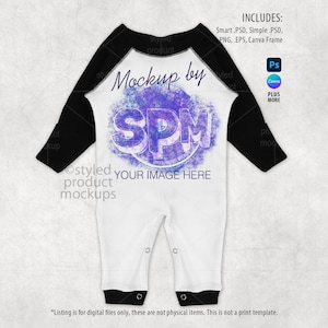 May include: A white and black baby onesie mockup with long sleeves. The onesie has a white body and black sleeves and trim. The text "Mockup by SPM" and "YOUR IMAGE HERE" are visible on the front. The image includes text about digital files.