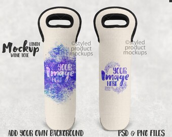 May include: A white linen wine tote with a black handle and a zipper closure. The tote has a blue watercolor design on one side and a floral wreath design on the other side. The text "Your Image Here" is printed on both sides of the tote.