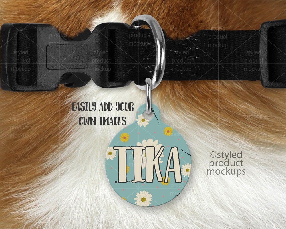 Round Pet Tag on a Dog Collar Mockup Template Add Your Own Etsy