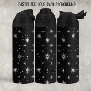 May include: Three black water bottles with a white starburst pattern. The bottles have black lids and are displayed against a neutral background. The text "EASILY ADD YOUR OWN BACKGROUND" is at the top.