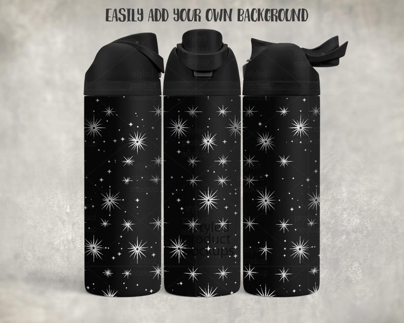 May include: Three black water bottles with a white starburst pattern. The bottles have black lids and are displayed against a neutral background. The text "EASILY ADD YOUR OWN BACKGROUND" is at the top.