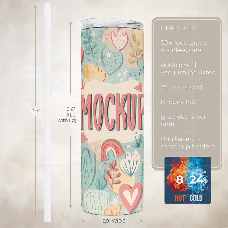 20oz Skinny Tumbler Mockup Bundle Listing Kit | 5 PSD Smart Object Files + Canva Video Template image 7