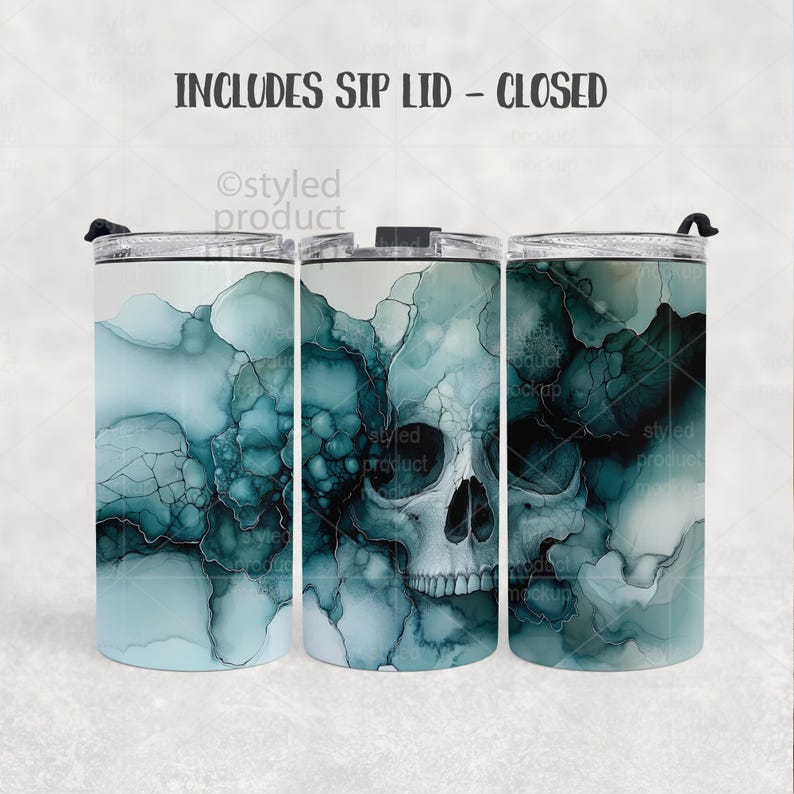 May include: Three stainless steel tumblers with a skull design. The tumblers have a teal and white abstract pattern with a skull in the center. The text "INCLUDES SIP LID - CLOSED" is at the top.