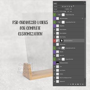 K&ouml;nnte beinhalten: Ein Produkt-Mockup mit einem transparenten Acryl-Displayst&auml;nder mit Holzsockel. Der Text "PSD ORGANIZED LAYERS FOR COMPLETE CUSTOMIZATION" wird angezeigt. Ein Photoshop-Ebenenbedienfeld ist rechts sichtbar.