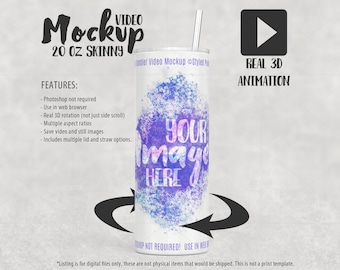 20oz skinny animated tumbler video Mockup | Add your own image and background | Real 3D video mockup