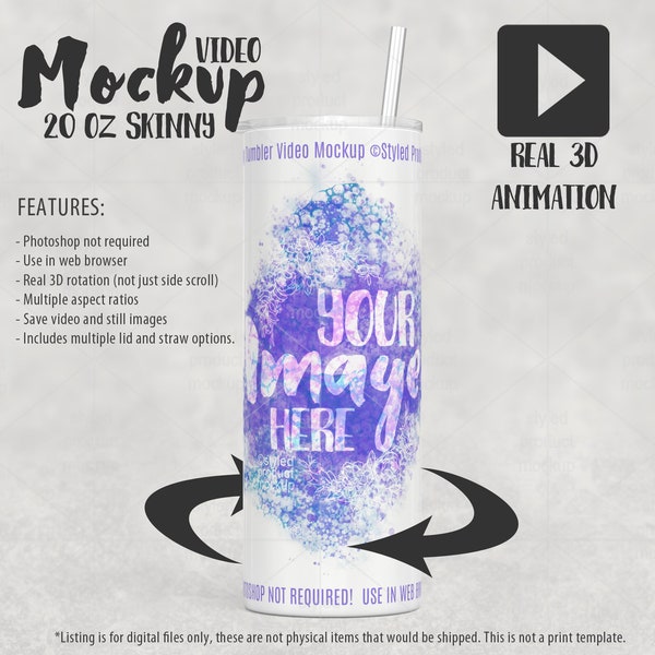 20oz skinny animated tumbler video Mockup | Add your own image and background | Real 3D video mockup