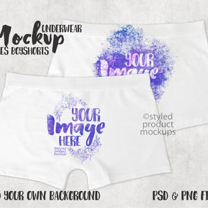 May include: White underwear mockup with a watercolor design and the text "YOUR Image HERE" and "Ostyled product mockups".