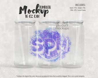 Dye sublimation 16oz clear glass can tumbler mockup with clear plastic lid and full wrap view | Add your own image and background
