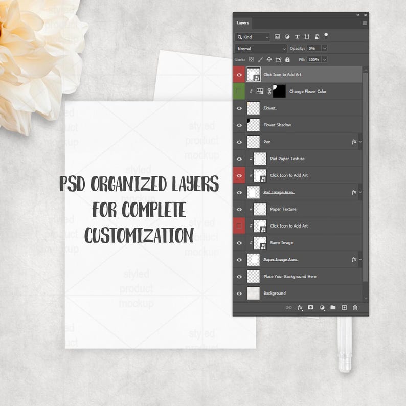 Puede incluir: Maqueta de producto estilizada con una tarjeta blanca con el texto "PSD ORGANIZED LAYERS FOR COMPLETE CUSTOMIZATION". Una pantalla de ordenador muestra capas de personalizaci&oacute;n. Una flor est&aacute; en la esquina superior izquierda.