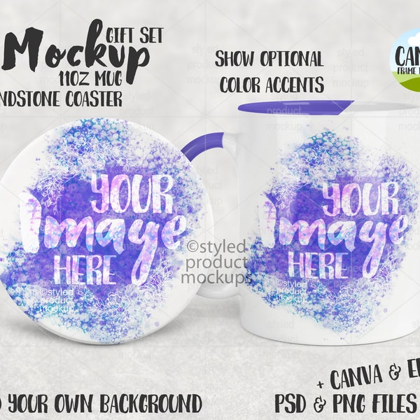 Dye sublimation 11oz mug and round sandstone coaster gift set Mockup | Add your own image and background  | canva frame mockup
