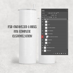 K&ouml;nnte beinhalten: Ein wei&szlig;er, zylindrischer Becher mit Deckel und Strohhalm, neben einer digitalen Oberfl&auml;che mit Ebenen zur Anpassung. Auf dem Becher steht "PSD ORGANIZED LAYERS FOR COMPLETE CUSTOMIZATION."