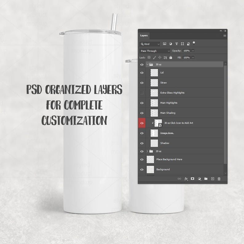 K&ouml;nnte beinhalten: Ein wei&szlig;er, zylindrischer Becher mit Deckel und Strohhalm, neben einer digitalen Oberfl&auml;che mit Ebenen zur Anpassung. Auf dem Becher steht "PSD ORGANIZED LAYERS FOR COMPLETE CUSTOMIZATION."