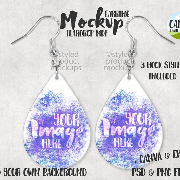 Dye sublimation teardrop shaped earrings | Add your own image and background | Canva frame mockup