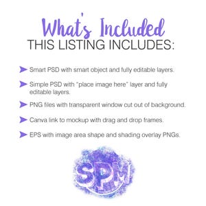 May include: White background with purple text that reads "What's Included". The text lists the contents of the listing, including Smart PSD, Simple PSD, PNG files, Canva link, and EPS files. A purple and blue logo is at the bottom.
