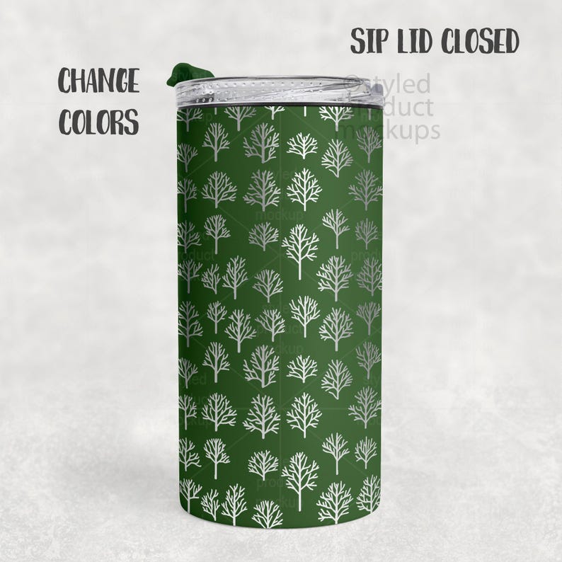 May include: A green travel tumbler with a silver tree pattern. The tumbler has a black lid with a green slider and the text "SIP LID CLOSED". The text "CHANGE COLORS" is also visible.