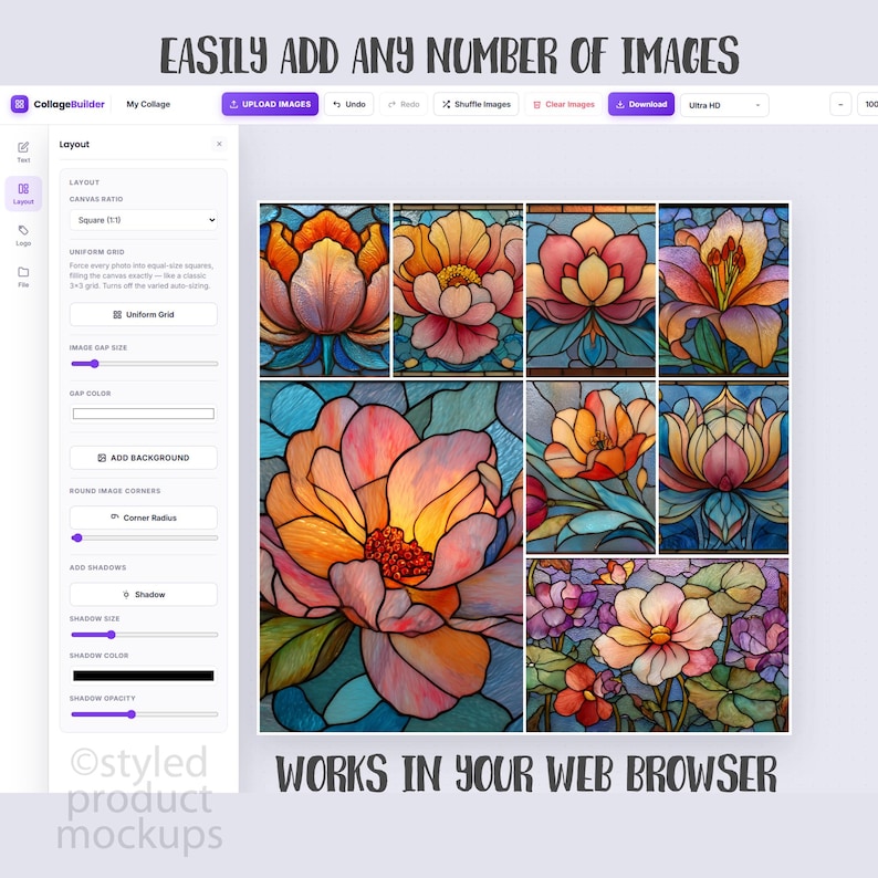 May include: A digital interface for CollageBuilder showing a grid layout of six stained glass floral images. The software sidebar includes controls for canvas ratio, uniform grid, image gap size, background, corner radius, and shadow settings.