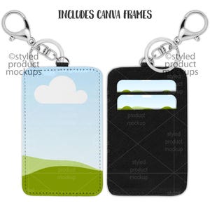May include: Two keychains with different designs. The keychain on the left has a blue and green design with a white cloud. The keychain on the right is black with two card slots. Both keychains have a silver metal ring.