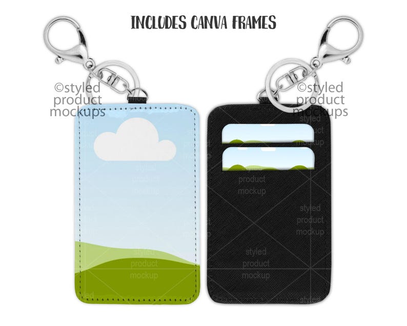 May include: Two keychains with different designs. The keychain on the left has a blue and green design with a white cloud. The keychain on the right is black with two card slots. Both keychains have a silver metal ring.