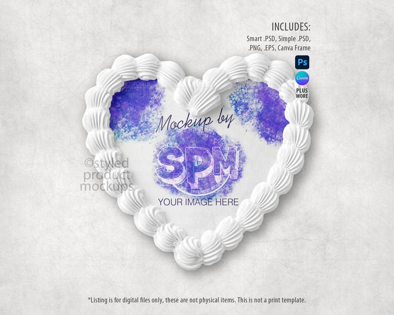 May include: A heart-shaped design with a white, textured border, resembling frosting. The center features a purple watercolor effect with the text "Mockup by SPM" and "YOUR IMAGE HERE". Includes Smart .PSD, Simple .PSD, PNG, EPS, and Canva Frame.