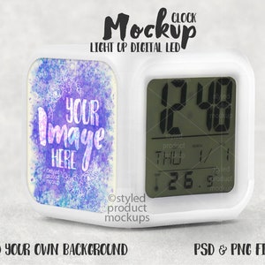 Dye sublimation LED light up digital alarm clock angled view