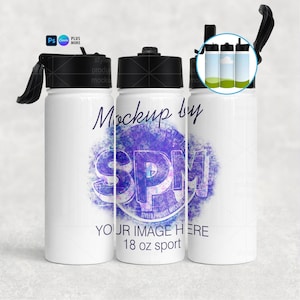 May include: White 18 oz sport water bottles with black lids and handles. The bottles have a purple and blue design with the text "Mockup by SPM" and "YOUR IMAGE HERE". The bottles are designed for sports and outdoor activities.
