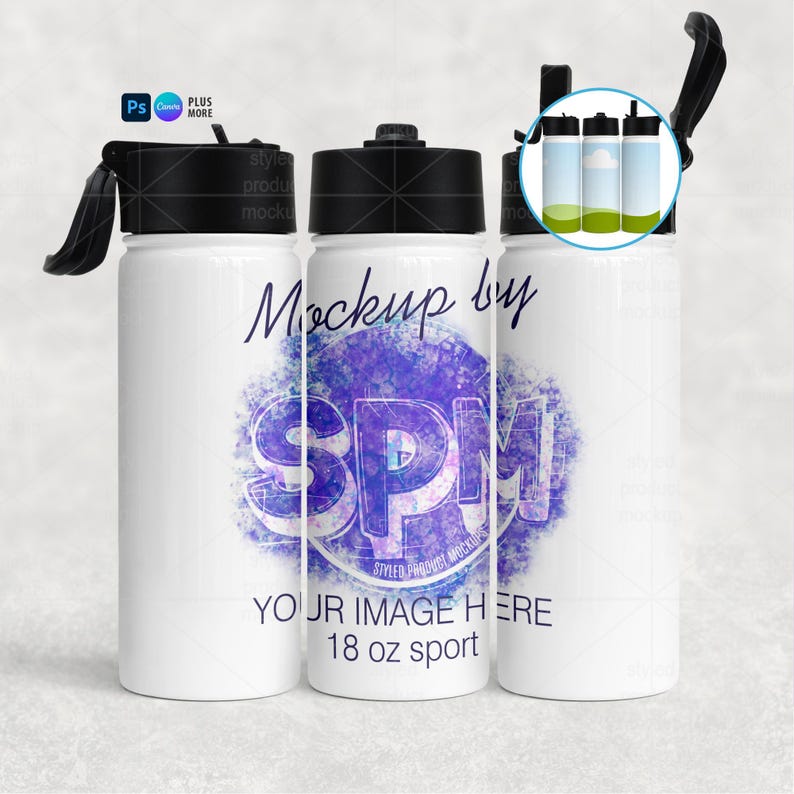 May include: White 18 oz sport water bottles with black lids and handles. The bottles have a purple and blue design with the text "Mockup by SPM" and "YOUR IMAGE HERE". The bottles are designed for sports and outdoor activities.