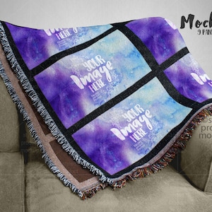 Large 9 panel throw blanket mockup template shown folded on a couch | Add your own image and background