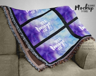 9 Panel Throw Blanket Mockup: 54x38 Photoshop PSD, Canva Frame, PNG (Digital Download)