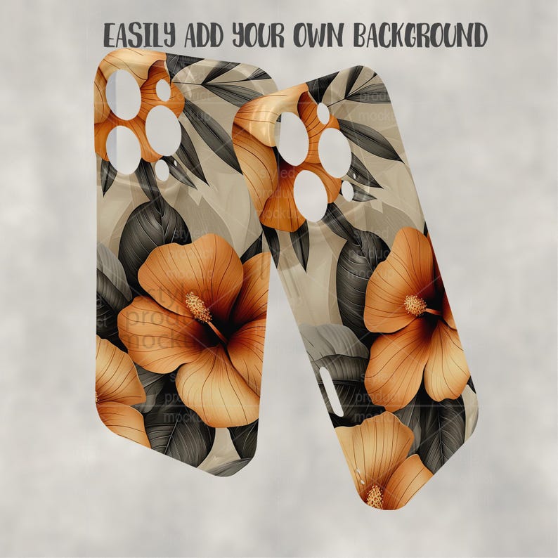 Puede incluir: Dos fundas para tel&eacute;fono con un dise&ntilde;o floral con flores de hibisco naranja y hojas de color gris oscuro sobre un fondo beige. Las fundas tienen recortes para la c&aacute;mara y los botones. El texto en la parte superior dice "EASILY ADD YOUR OWN BACKGROUND."