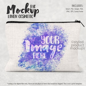 May include: A white linen cosmetic bag with a zipper closure. The bag features a watercolour design in shades of purple, blue and pink. The text "YOUR IMAGE HERE" is superimposed on the design. The text "styled product mockups" is in the bottom right corner.