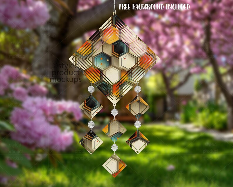 May include: Geometric wind chime with a diamond-shaped top and hanging diamond-shaped accents. The top features a honeycomb design with orange, yellow, black, and white colours. The text "FREE BACKGROUND INCLUDED" is at the top.