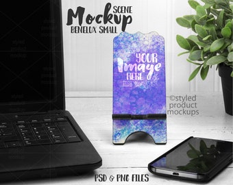 Dye sublimation Benelux small cell phone stand lifestyle scene mockup | Add your own image