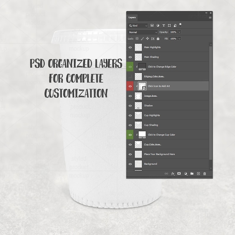 Puede incluir: Una maqueta de vaso desechable blanco con tapa y funda de tela. La imagen incluye una interfaz digital con capas para personalizaci&oacute;n. El texto en la taza dice "PSD ORGANIZED LAYERS FOR COMPLETE CUSTOMIZATION."
