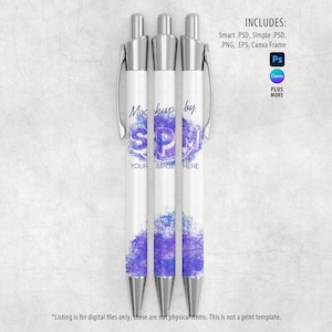 May include: Three white pens with silver accents are displayed. Each pen features a purple and blue watercolor design and the text "Mockup by SPM, YOUR IMAGE HERE". The image also includes text that says "INCLUDES: Smart .PSD, Simple .PSD, .PNG, .EPS, Canva Frame".