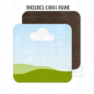 May include: Two square mockups. One features a sky and landscape design with a blue sky, white cloud, and green hills. The other is a brown leather texture. Text at the top reads "INCLUDES CANVA FRAME".