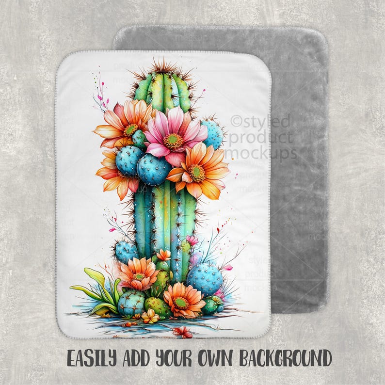Peut inclure: Une couverture blanche avec une illustration &agrave; l'aquarelle d'un cactus orn&eacute; de fleurs orange, roses et bleues. Le cactus est vert et turquoise. La couverture est rectangulaire avec des coins arrondis.
