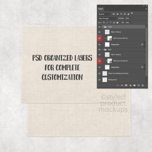 Puede incluir: Imagen de maqueta con dos texturas de tela blanquecina con el texto "PSD ORGANIZED LAYERS FOR COMPLETE CUSTOMIZATION" en negro. Un panel de interfaz digital es visible a la derecha, mostrando capas.
