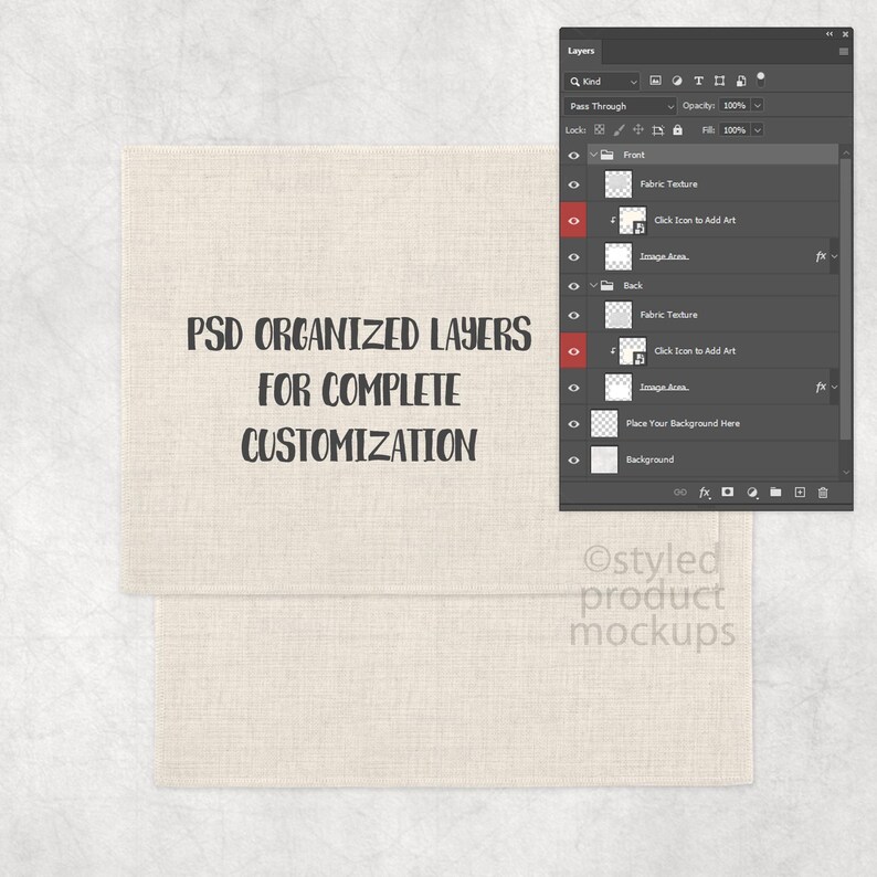 Puede incluir: Imagen de maqueta con dos texturas de tela blanquecina con el texto "PSD ORGANIZED LAYERS FOR COMPLETE CUSTOMIZATION" en negro. Un panel de interfaz digital es visible a la derecha, mostrando capas.
