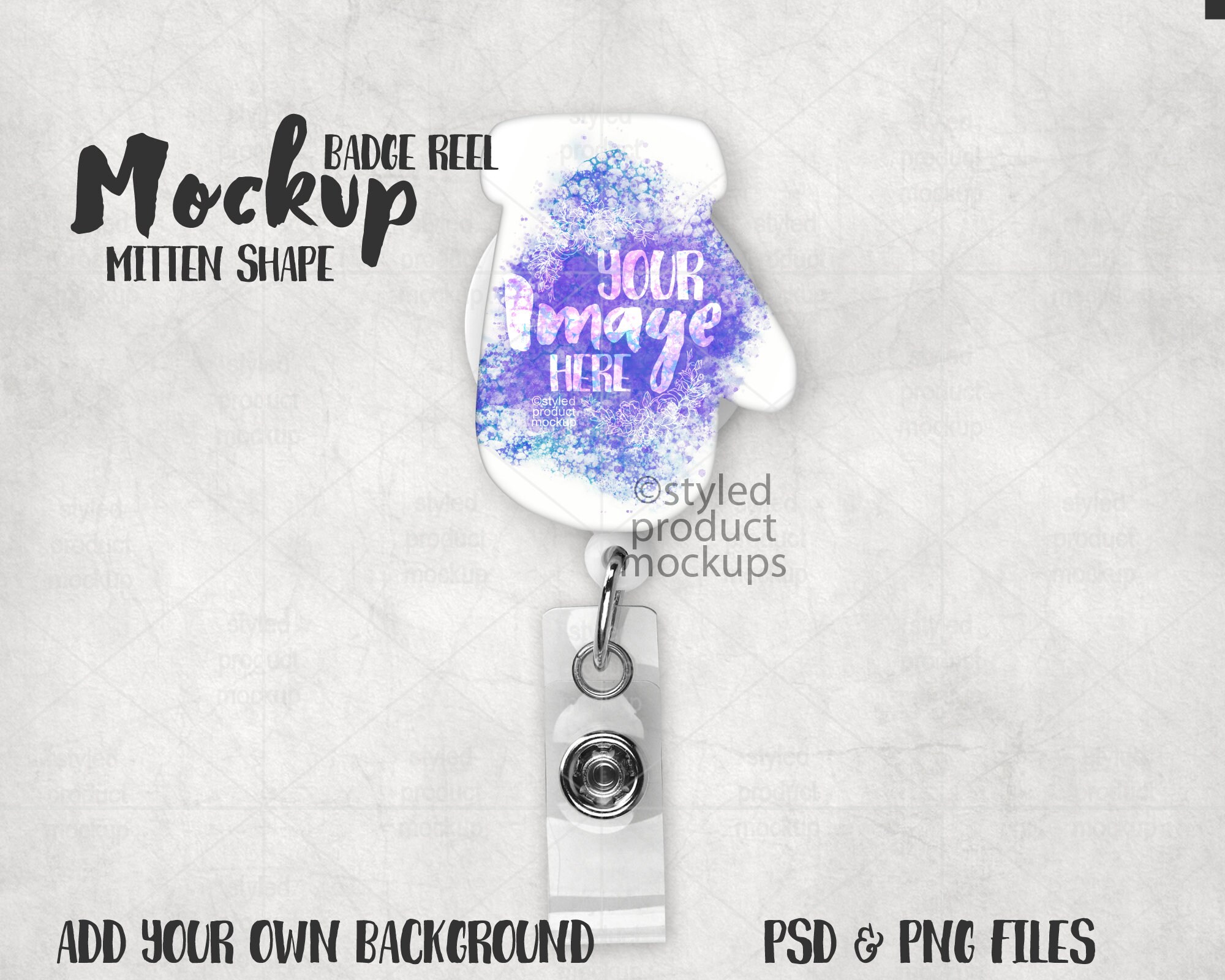 Dye Sublimation Mitten Shaped Badge Reel Cover Mockup Add Your Own Image  and Background 