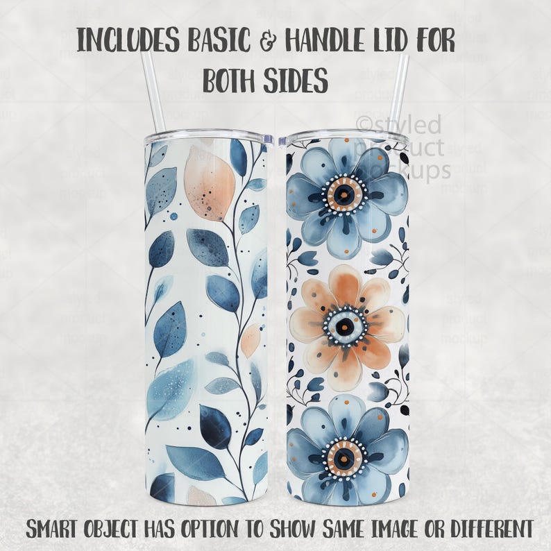 May include: Two 20 oz. stainless steel tumblers with lids and straws. One tumbler features a watercolor design of blue leaves and peach accents. The other has blue and peach floral patterns. Text on the image reads: INCLUDES BASIC & HANDLE LID FOR BOTH SIDES. SMART OBJECT HAS OPTION TO SHOW SAME IMAGE OR DIFFERENT.
