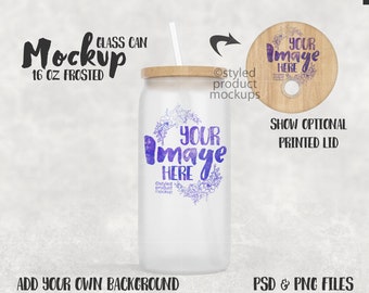 Dye sublimation 16oz frosted glass soda can shape cup with bamboo lid and straw  Mockup | Add your own image and background