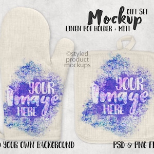 Dye sublimation left hand linen oven mitt and pot holder mockup | Add your own image and background