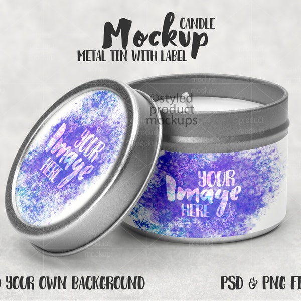 Dye sublimation metal candle with lid and label mockup | Add your own image and background